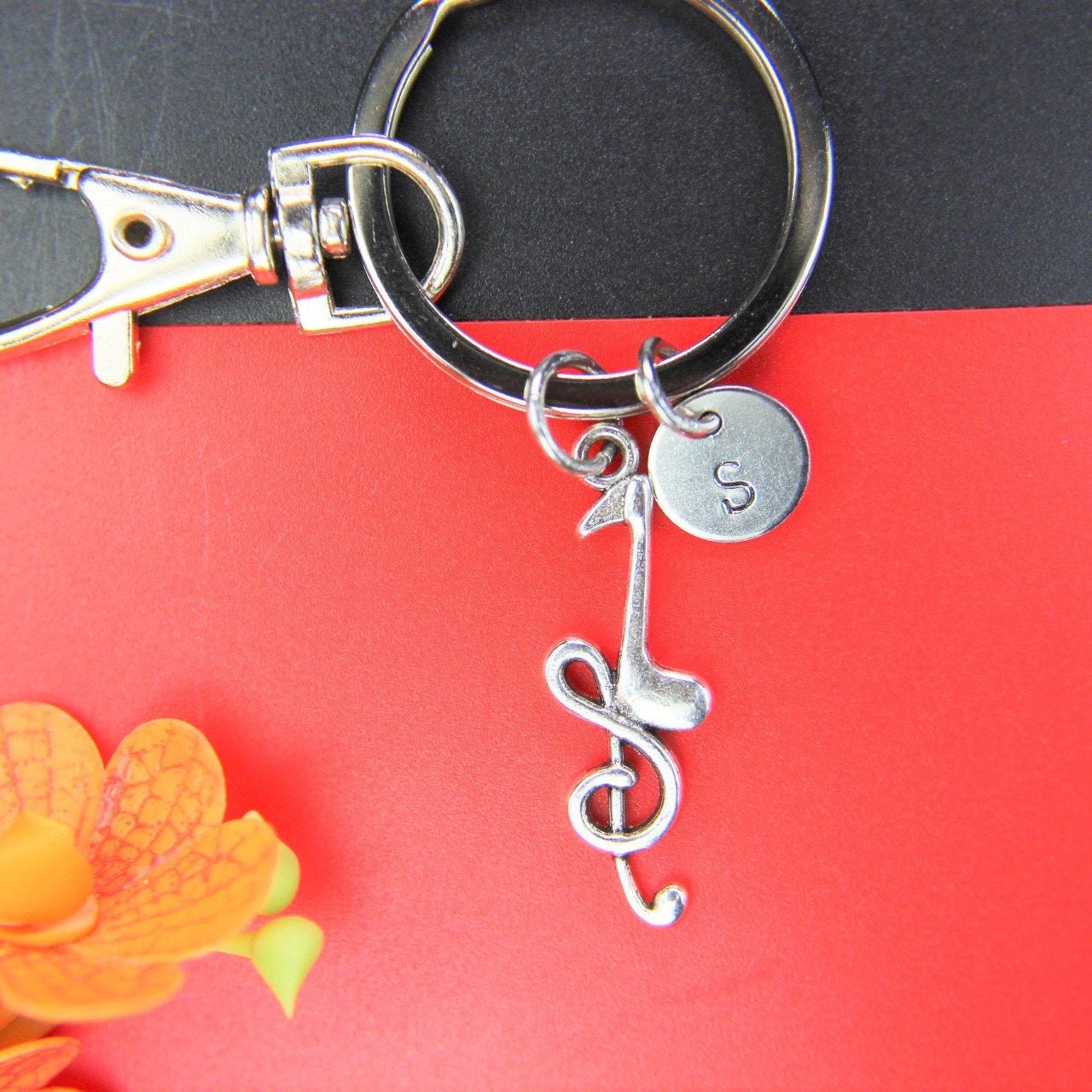 Musical Charm Key Chain With Initial Charm Musical Note Charm Note ...