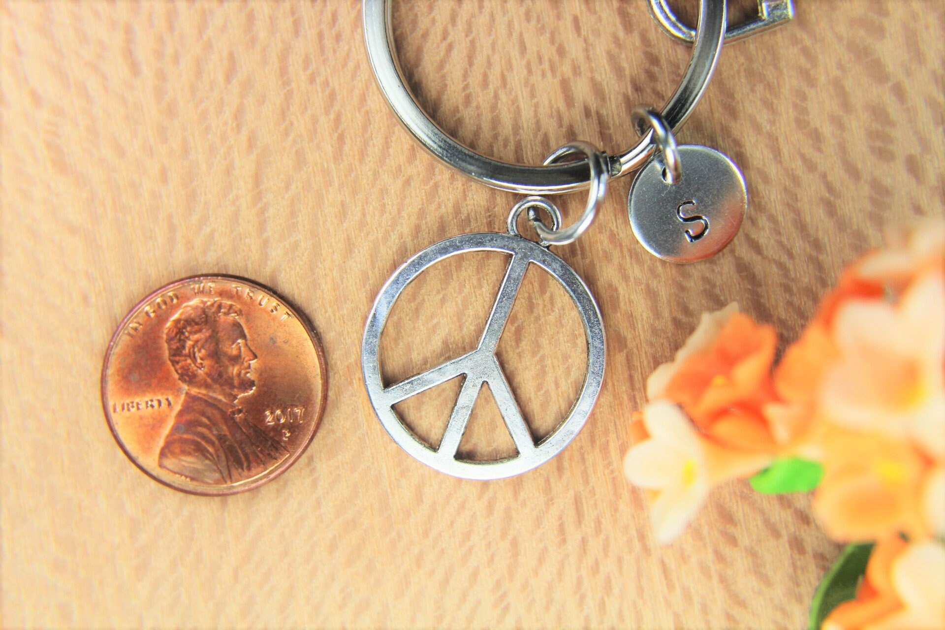 Peace Sign Charm Keychain Personalized Keychain Initial Keychain ...