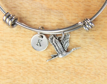 Crane Bracelet Silver Bird Charm Bangle  Animal Gift Valentine's Gift Mother's Gift Birthday Gift Personalized Bangle Initial Bracelet