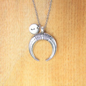 Double Horn Necklace Silver Half Moon Charm Necklace Moon Necklace Half Moon Gift Half Moon Charm Personalized Necklace  Initial Necklace