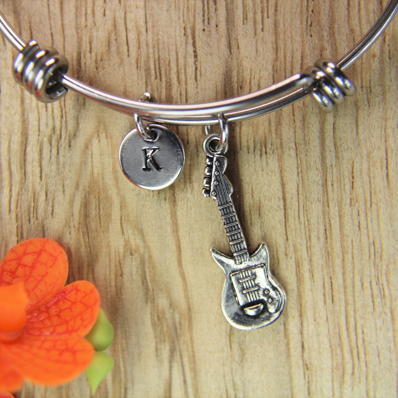 Guitar Charm Bracelet Music Gift Silver Guitar Charm Bangle Etsy