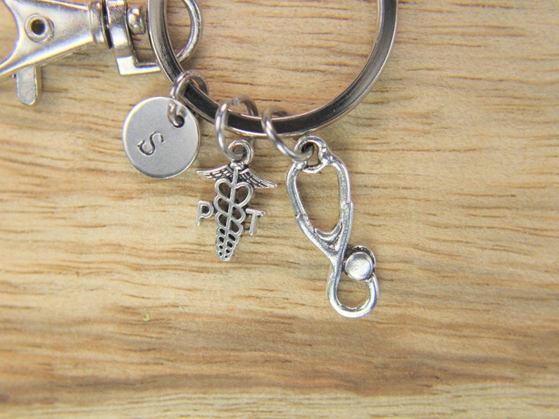 Physical Therapist Caduceus Keychain Doctor Nurse Gift PT Charm Medical Student Gift Stethoscope Gift Personalized Initial Keychain