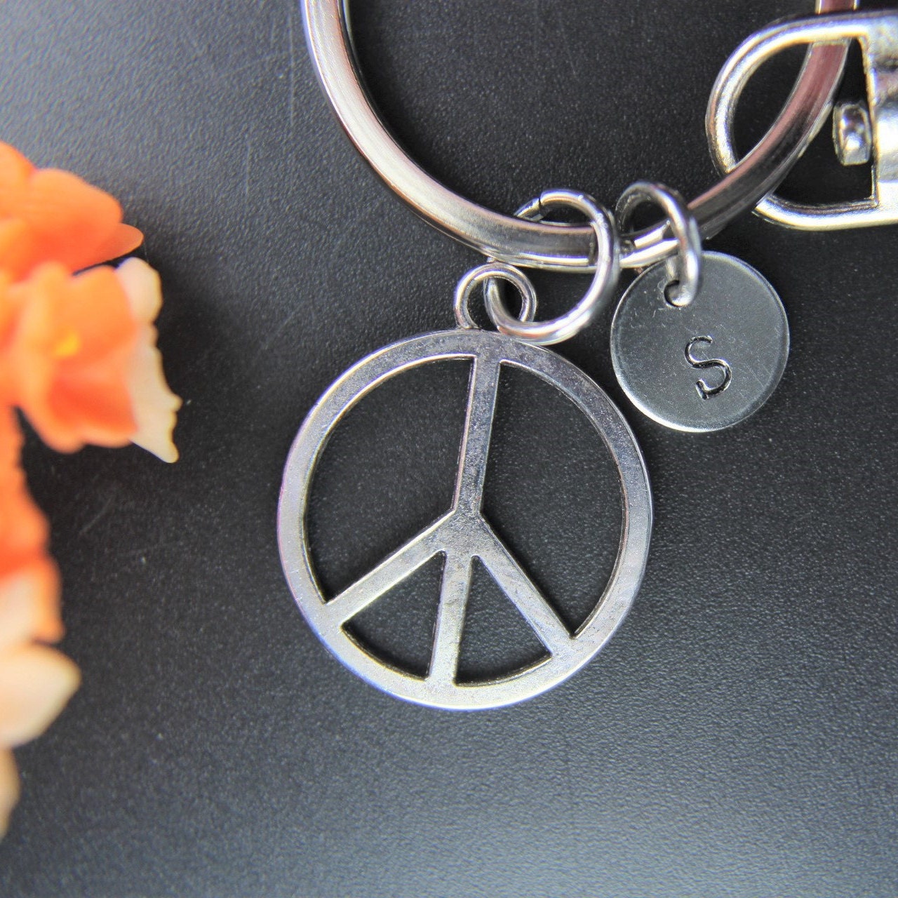 Peace Sign Charm Keychain Personalized Keychain Initial Keychain ...