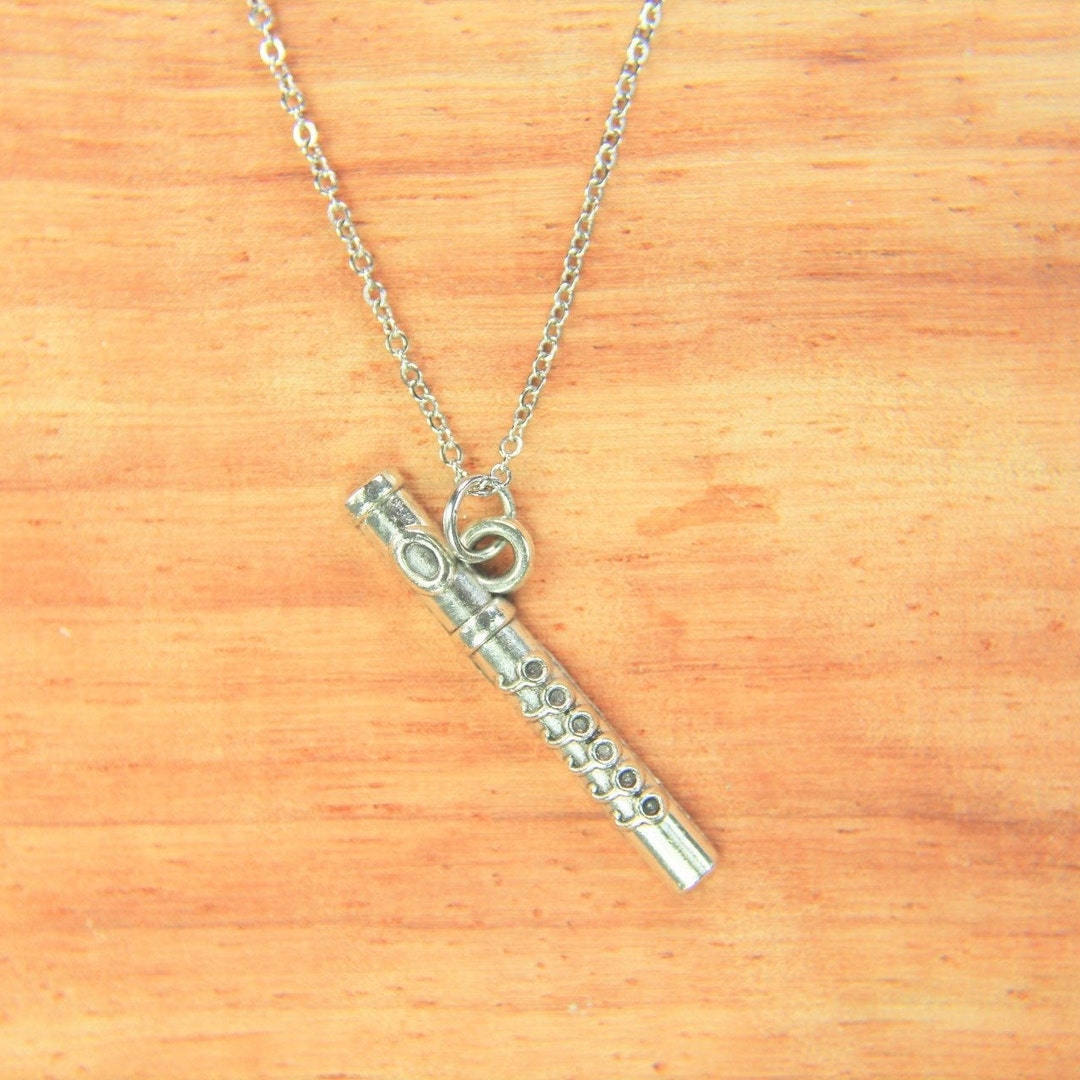 Silver Flute Charm Necklace Band Gift School Marching Gift Flute Gift