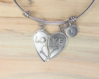 I Love You Heart Charm Silver Love Charm Bangle Love Pendant Valentine's Day Birthday Gift Girlfriend Gift Personalized Gift Initial Bangle