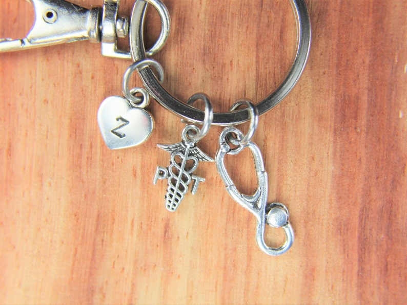 Physical Therapist Caduceus Keychain Doctor Nurse Gift PT Charm Medical Student Gift Stethoscope Gift Personalized Initial Keychain