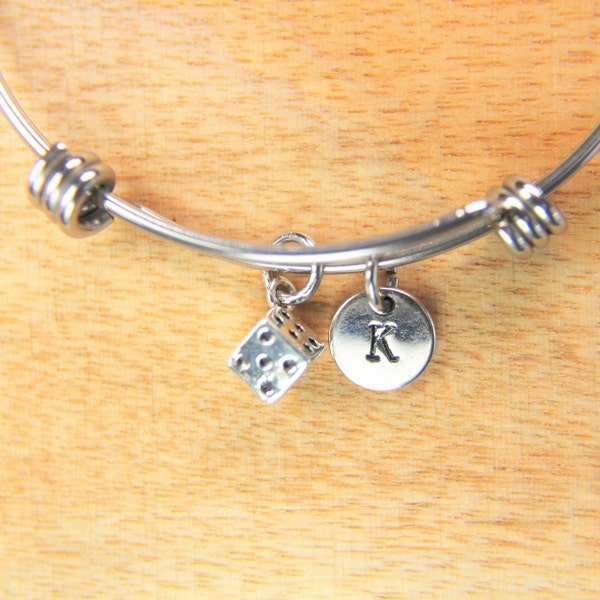 Dice Bracelet Silver Dice Charm Bangle Gambling Pendant  Lucky Dice Gift Dice Jewelry Personalized Bangle Birthday Gift Initial Charm
