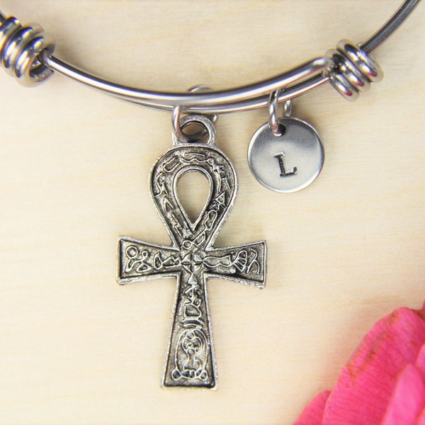 Ankh Bracelet Silver Ankh Cross Charm Bracelet Ankh Charm Bangle Cross Charm  Ankh Bangle Personalized Bangle Initial Charm Initial Bracelet