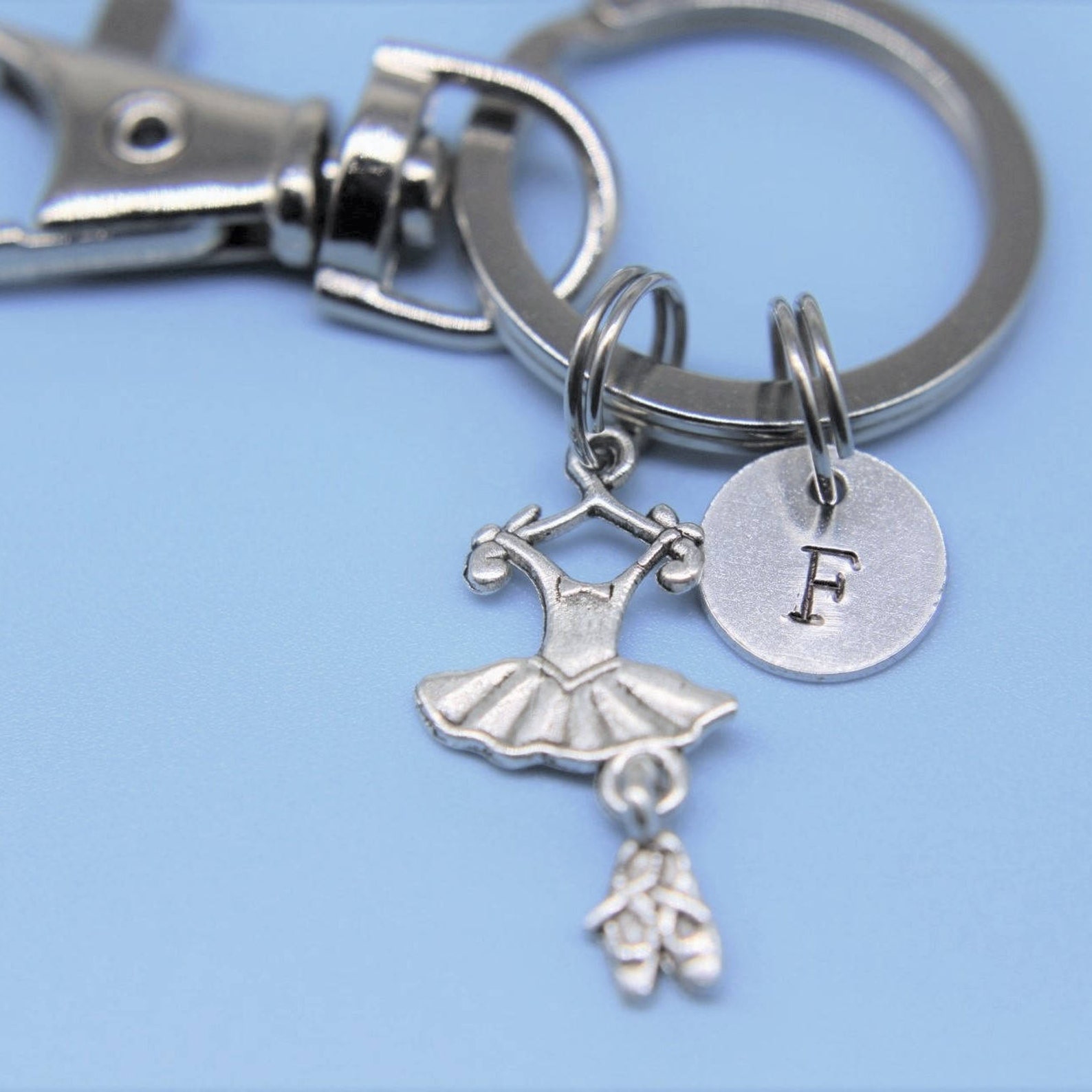 ballet suit and shoes with initial charm on a key ring ballet suit and shoes charm keyring ballet suit pendant ballet suit and s