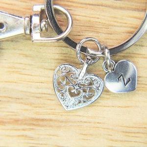 Silver Heart Charm Keychain Heart Pendant Valentine&#39;s Gift Christmas Gift Mother&#39;s Day Personalized Keychain Initial Charm