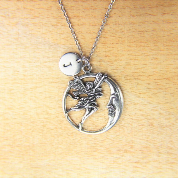 Best Christmas Gift Silver Fairy with  Moon  Necklace Fairy with Moon Necklace Valentine Gift Fairy Charm Moon Charm Personalized Necklace