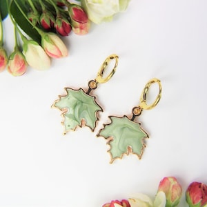 Gold Plated Maple Leaf Charm Earrings Mother's Day Gift Green Maple Leaf Charm Fall Autumn Jewelry Mother Daughter Gift Personalized Gift