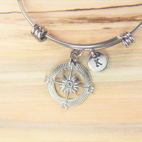 Compass Gifts Compass Charm Bracelet Silver Compass Charm Bangles Compass Charms Compass Bangle Personalized Bangle Initial Bangle