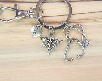 Medical Assistant Keychain MA Medical Charm Medical Student Gift Caduceus Gift Stethoscope Gift Christmas Gift Personalized Initial Keychain