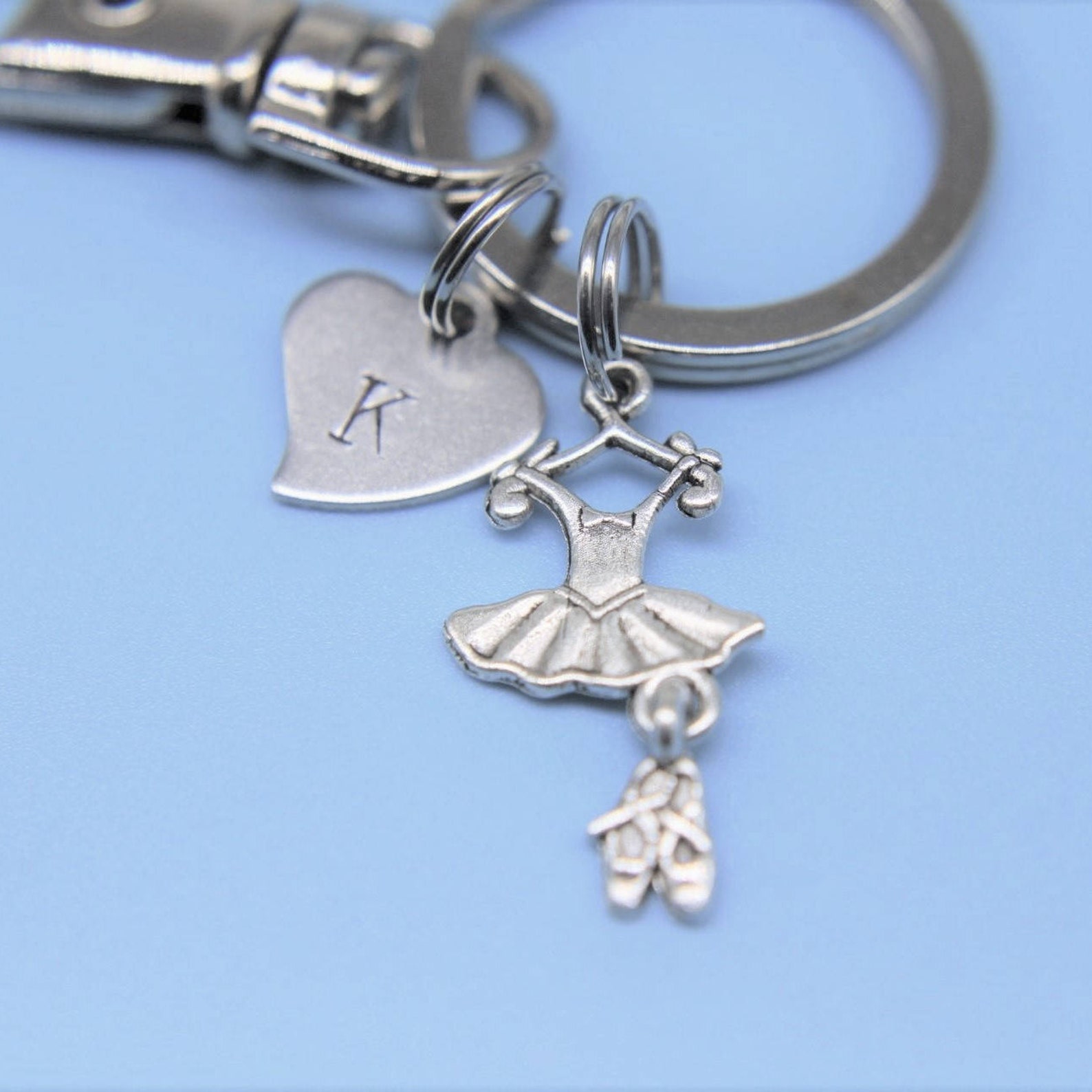 ballet suit and shoes with initial charm on a key ring ballet suit and shoes charm keyring ballet suit pendant ballet suit and s