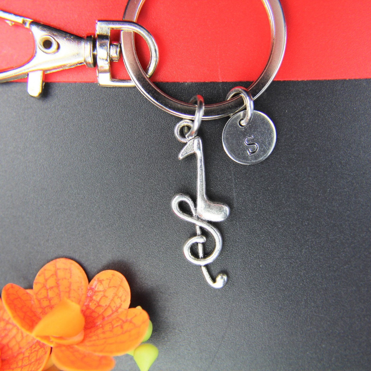 Musical Charm Key Chain With Initial Charm Musical Note Charm Note ...