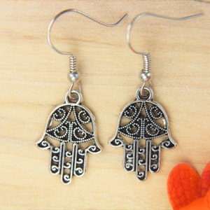 Silver Hamsa Hand Charm Earrings  Hamsa  Charm Hand of Fatima Charm   Personalized Earrings Customized Jewelry