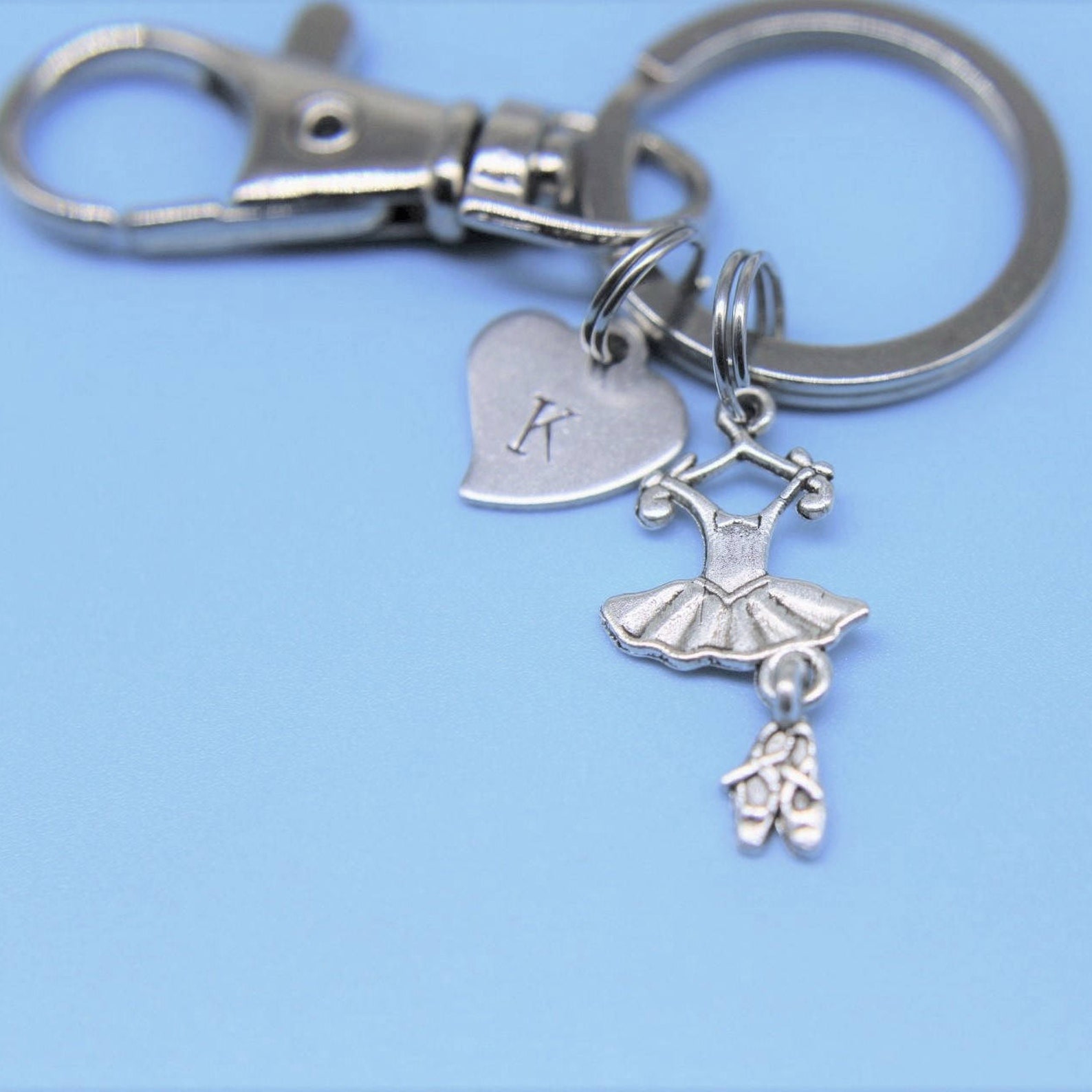 ballet suit and shoes with initial charm on a key ring ballet suit and shoes charm keyring ballet suit pendant ballet suit and s