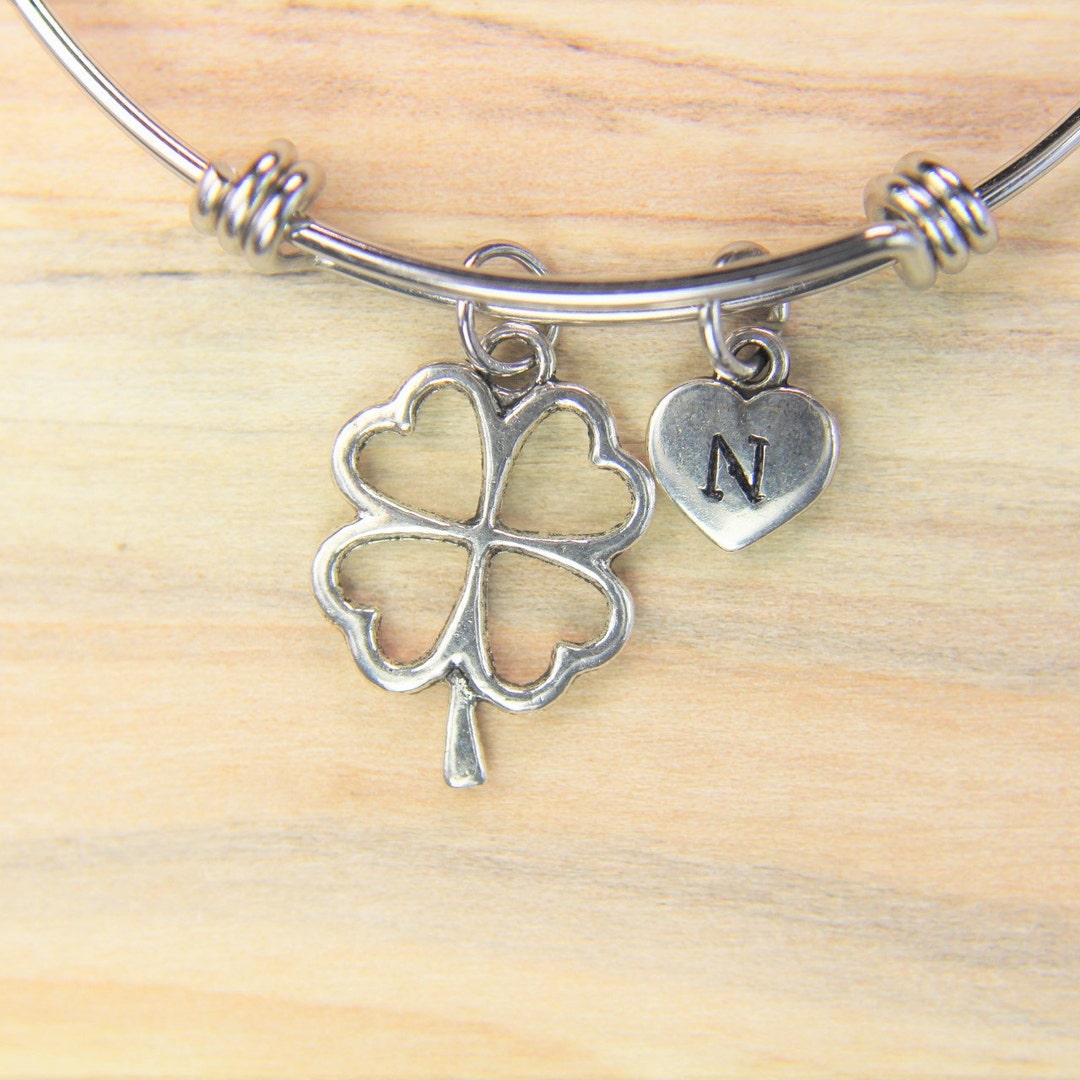 Heart Clover Bangle Silver Four Leaf Clover Charm Bangle Clover ...