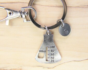 Silver Beaker Charm Keychain Bottle Keyring Beaker Gift Chemistry Gift Science Gift Scientist gift Personalized Keychain Initial Charm