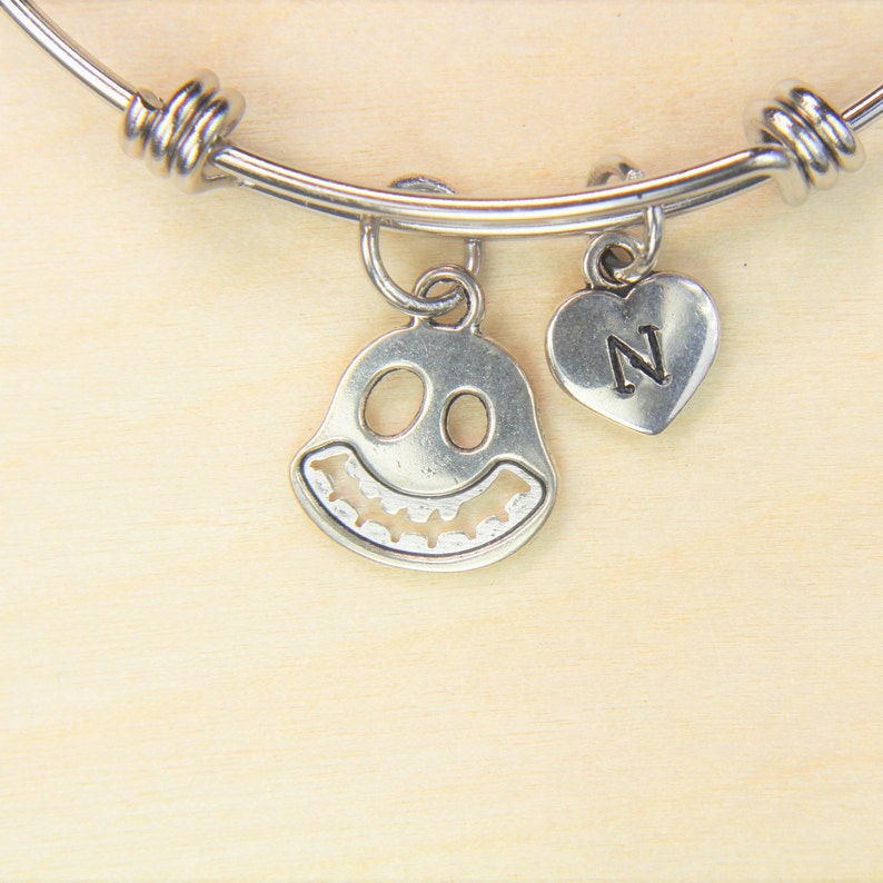 Ghost Bangle Silver Ghost Charm Bangle Halloween Jewelry Christmas Gift Ghost Pendant Personalized Initial Bangle