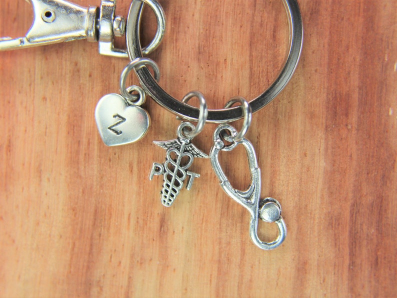 Physical Therapist Caduceus Keychain Doctor Nurse Gift PT Charm Medical Student Gift Stethoscope Gift Personalized Initial Keychain