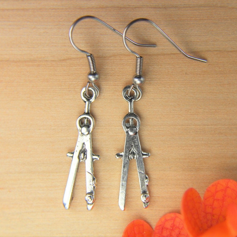 Sliver Architect Earrings Compass Earrings Pencil Gifts Architect Jewelry Personalized Compass Pendanta image 2