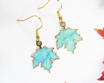 Christmas Gift Maple Leaf Earrings Light Gold Turquoise Maple Leaf Charm Fall Autumn Jewelry Outdoor Gift Personalized