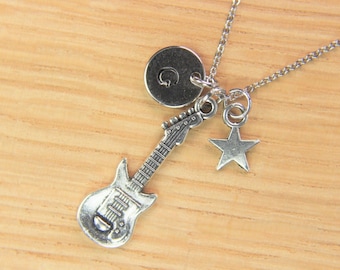 Guitar Necklace Silver Guitar with Tiny Star Charm Necklace Guitar Pendant Birthday Gift Music Gift Personalized Gift Christmas Gift