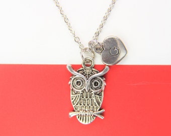 Owl Charm with initial charm  Necklace  Silver Owl Charm Owl Jewelry  Halloween charm Personalized Necklace Initial Necklace