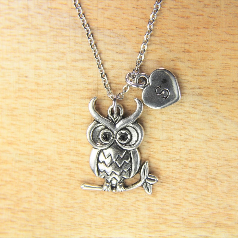 Owl Necklace Silver Owl Charm Necklace Halloween Gift Owl Gift Birthday Gift Animal Gift Personalized Gift Initial Necklace