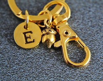 Gold Acorn Keychain, Personalized Initial Charm, Christmas Jewelry