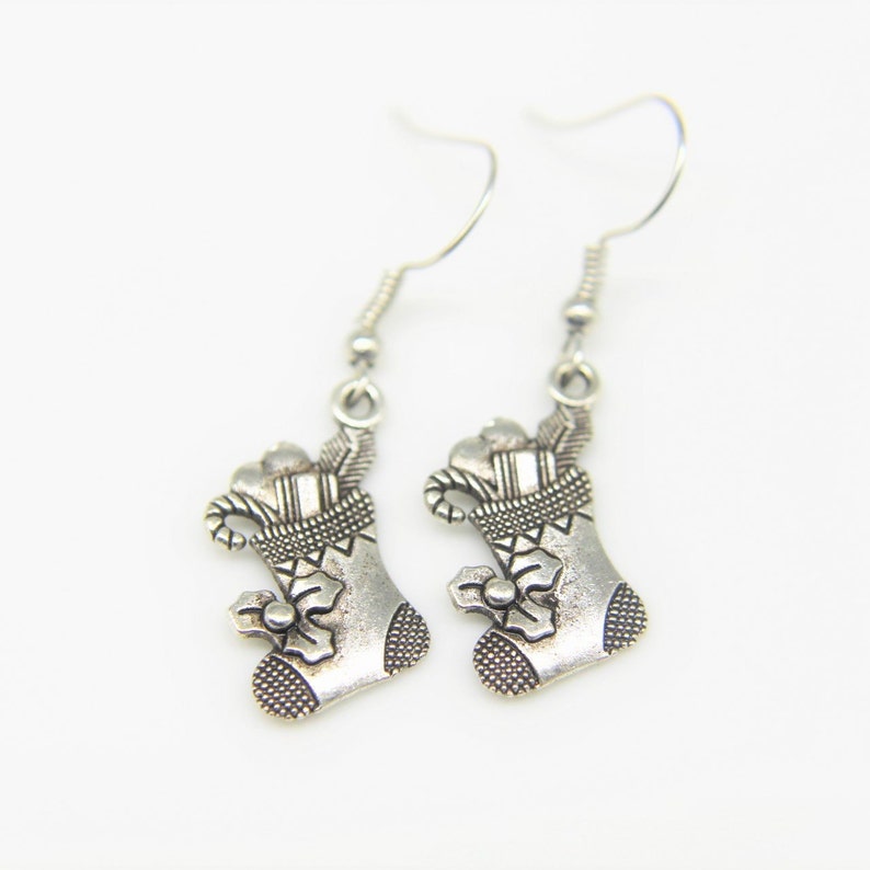 Christmas Socking Filled with Gift Earring Silver Christams Socking Filled with Gift Charm Earring Christmas Sock Gift Personalized Earring