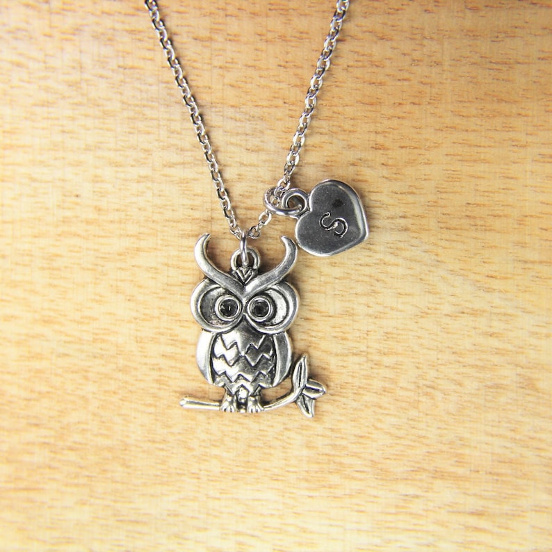 Owl Necklace Silver Owl Charm Necklace Halloween Gift Owl Gift Birthday Gift Animal Gift Personalized Gift Initial Necklace
