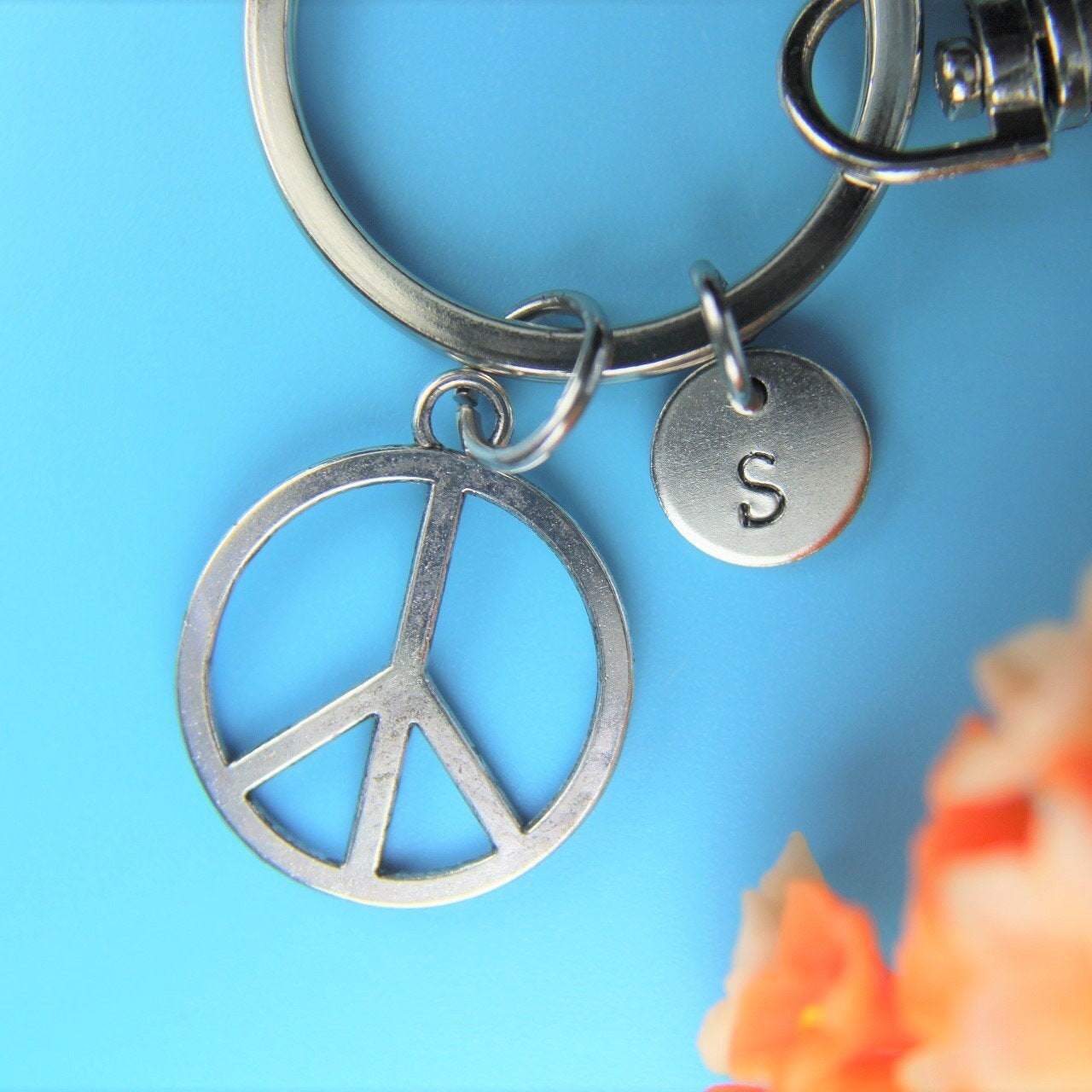 Peace Sign Charm Keychain Personalized Keychain Initial Keychain ...
