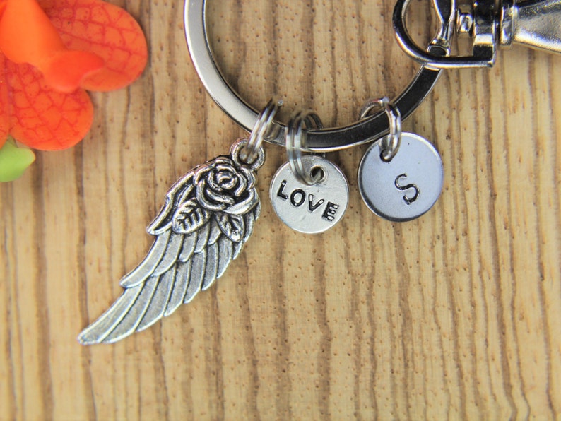 Angel Wing with Flower keychain Angel Wing Gift Valentine's Day Gift Mother's Day Gift Wing Pendant Love Gift Personalized Keychain image 1