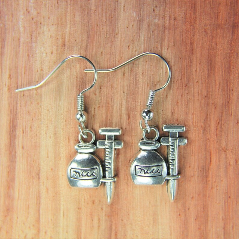 Syringe Earring Silver Syringe Charm Earring Doctor Nurse Etsy