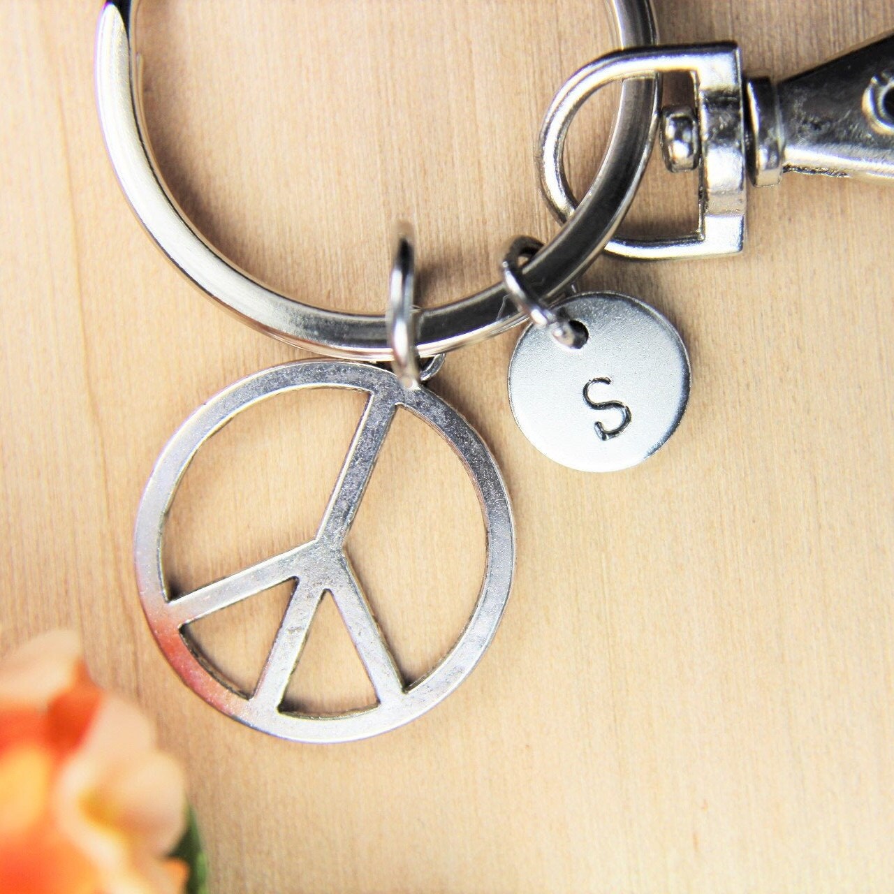 Peace Sign Charm Keychain Personalized Keychain Initial - Etsy