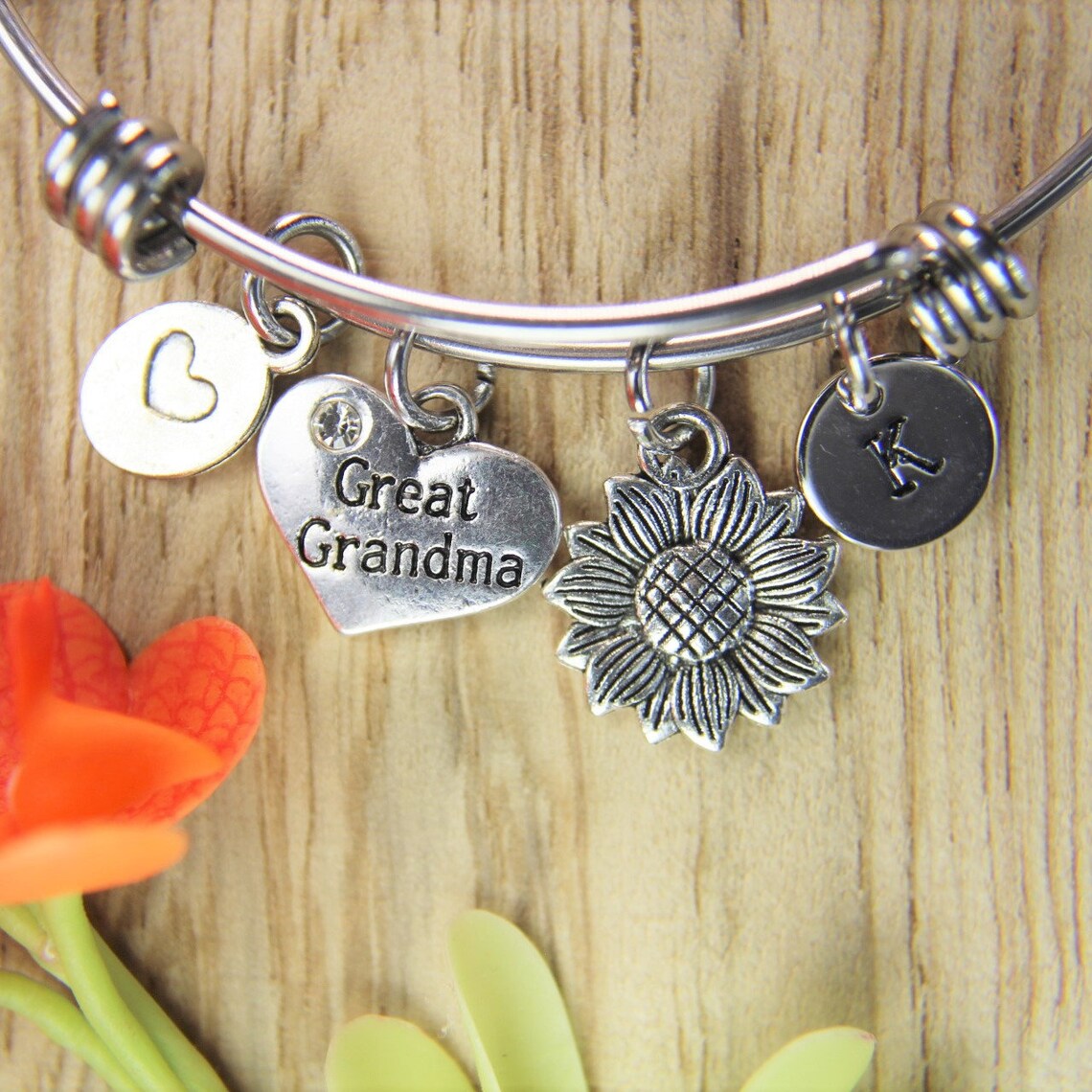Great Grandma Bracelet Silver Sunflower Charm Bangle Great Etsy