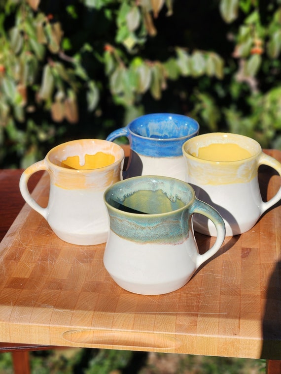 White Base Colorful Mug - Single Mug or Mug Gift Set of 4 - Handmade Ceramic Mugs - Cozy Shape