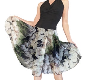 Olive-Gray Tulips Charmeuse Circle Tango Skirt. Flowey Tango Skirt.