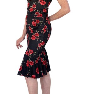 Red Roses Ruffle Hem Tango Skirt: Stretch Knit Milonga Skirt