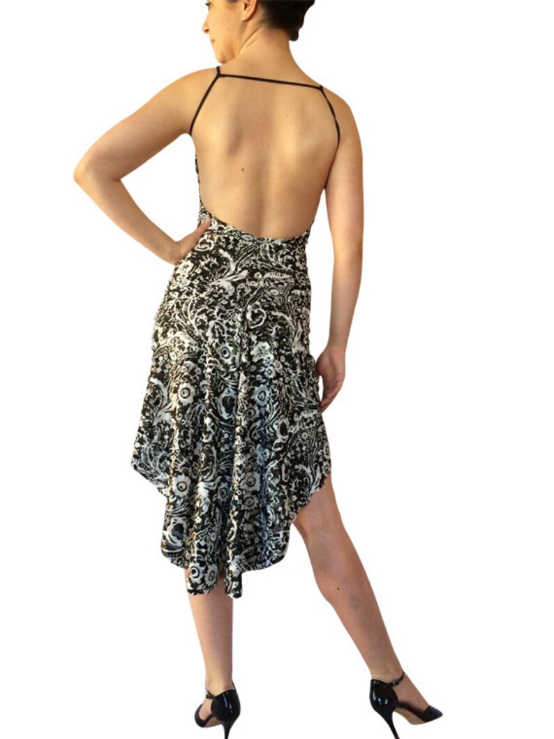 Godet Tango Dress Open Back Tango Dress;Fishtail Tango Dress;B/&W Gold Ruffle