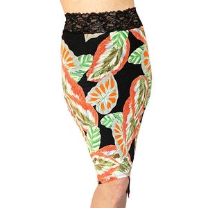 Tropical Leaves Pencil Skirt: Orange Green Tango Milonga Skirt