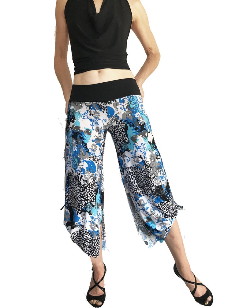 Cropped Tango Pant; Double Slit Tango Pant; Milonga Pant;Turquoise-Blue Rhinestone
