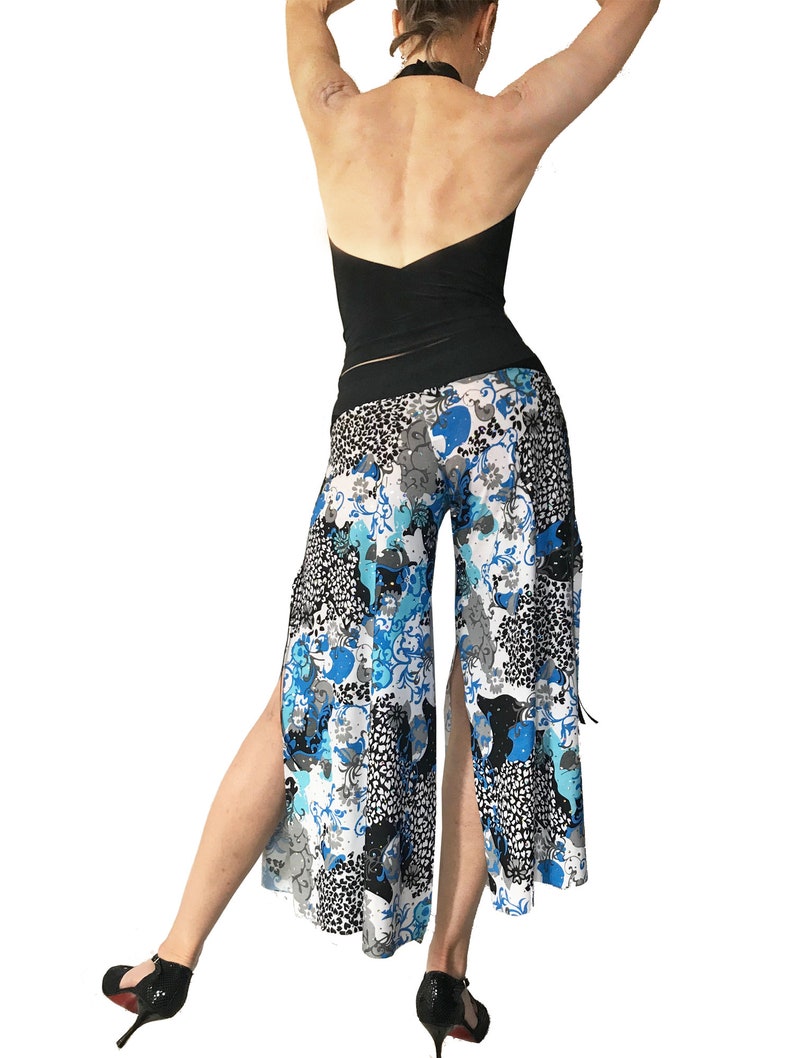 Cropped Tango Pant; Double Slit Tango Pant; Milonga Pant;Turquoise-Blue Rhinestone