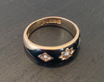Antique Black Enamel Pearl Ring- Chester 1918 UK