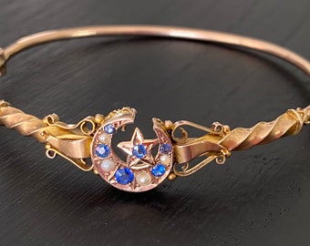 Victorian Sapphire Pearl 9K Gold Crescent Moon Bangle