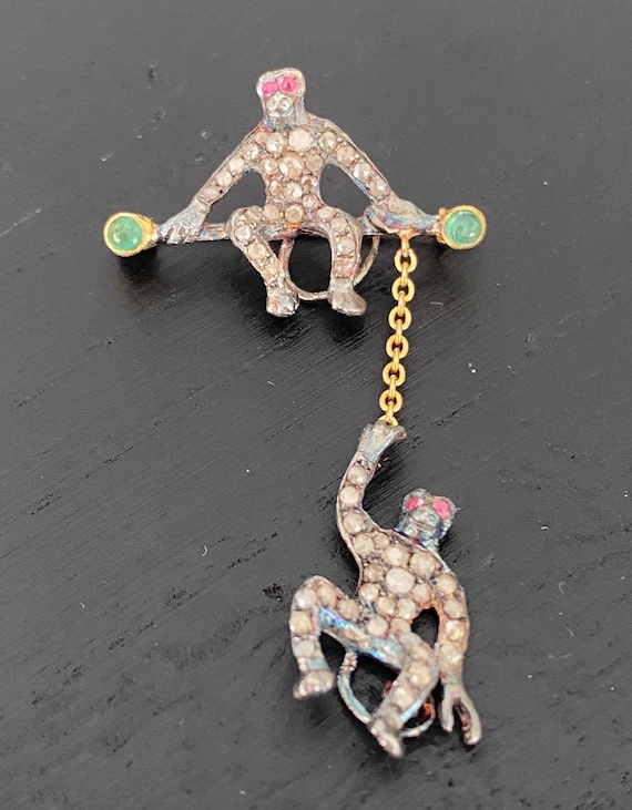 Antique Diamond Ruby Emerald Monkey Brooch - image 1