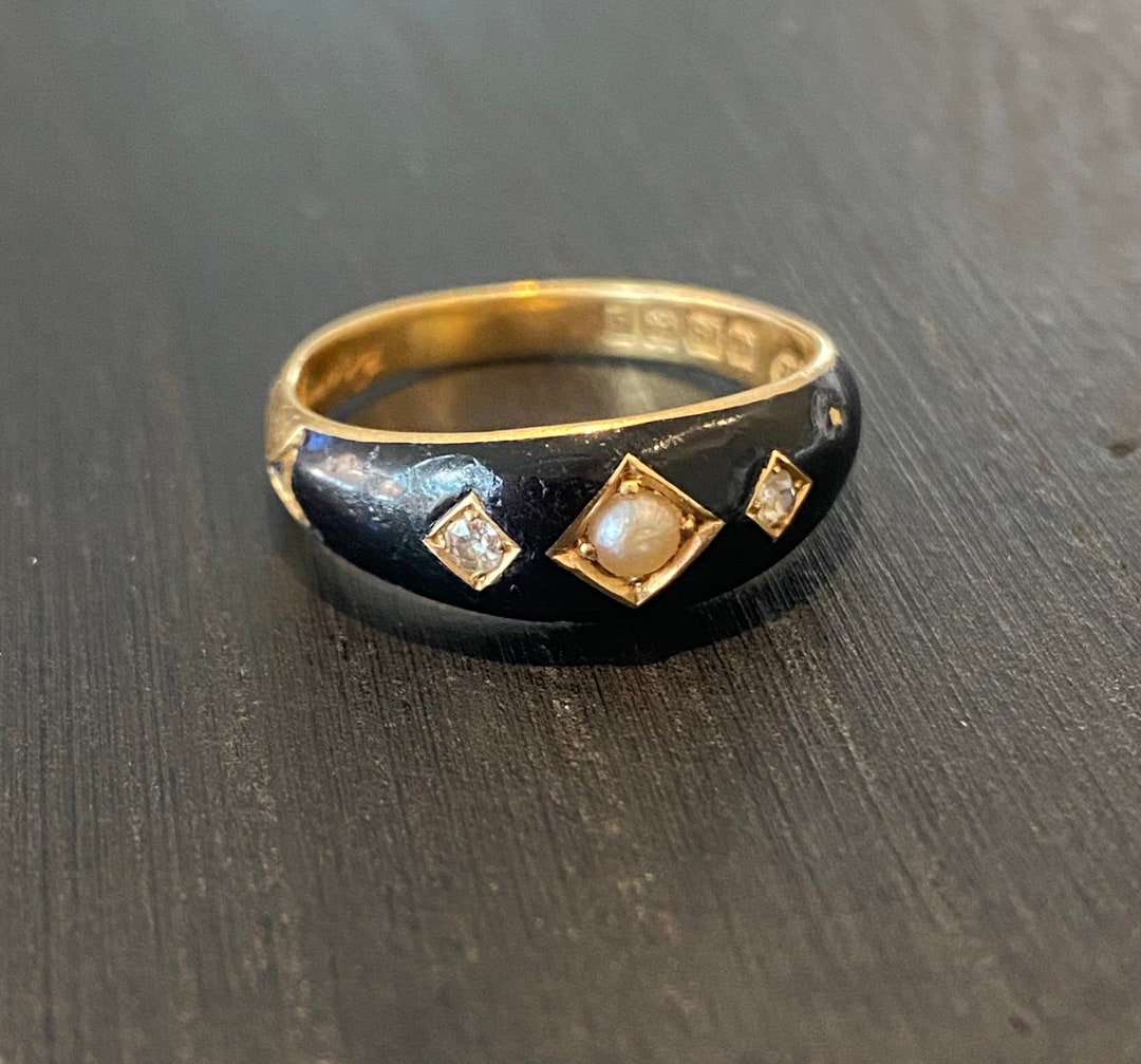Antique Black Enamel Pearl Diamond Mourning Ring Birmingham